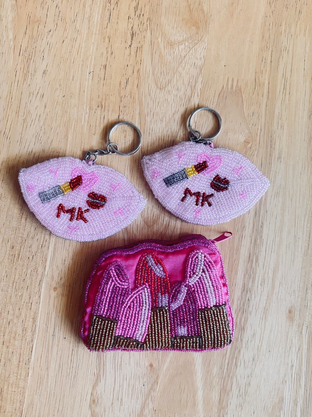 Mary Kay Beaded Lipstick Coin Purse + 2 Beaded Key Chains Bundle